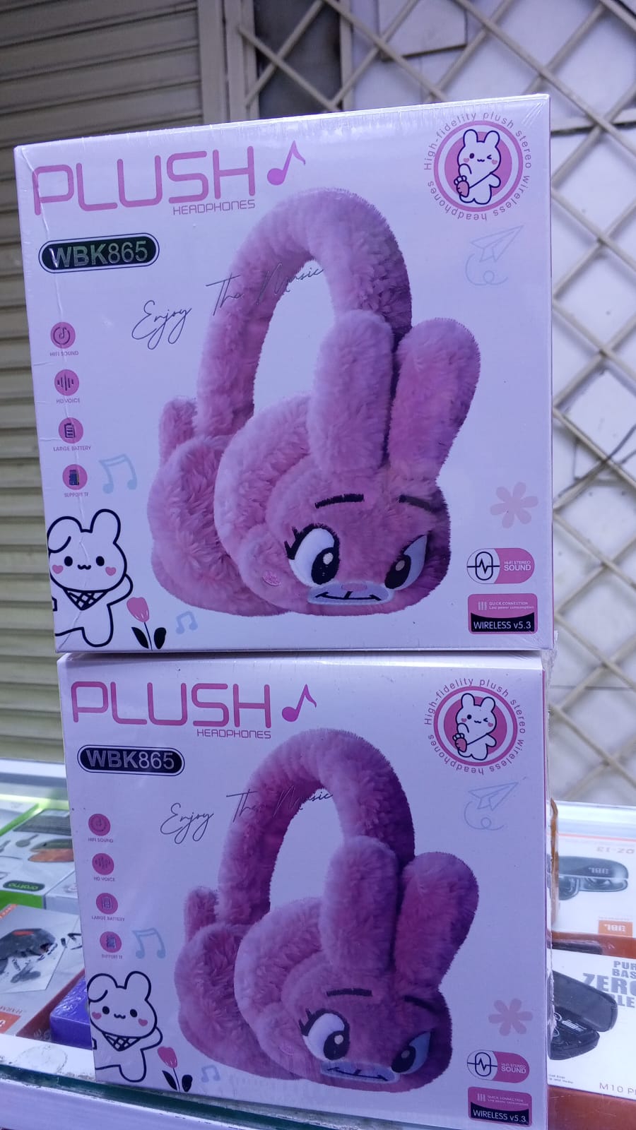 WBK865 Plush Wireless Bluetooth Headphones for girls,Cute Bunny Rabbit Soft Plush Headset, Bluetooth 5.3 Stereo Sound, HD Voice, Large Battery, Adjustable Over-Ear Wireless Headphones for Music,travel