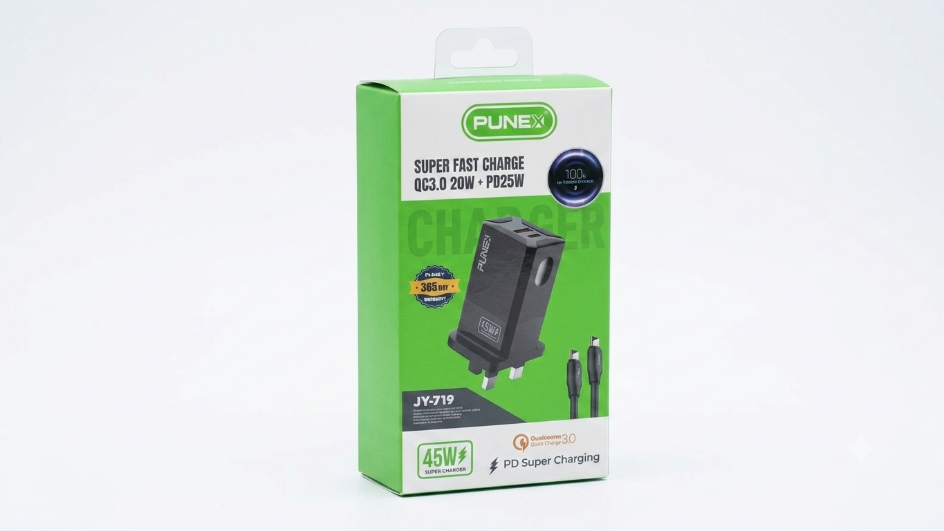 PUNEX JY-719 45W Super Fast Charger with PD 25W and QC 3.0 Technology USB Fast Charging Adapter Wall Charger for Android Smartphones, Tablets and Compatible Devices with Safe Charging Protection     .