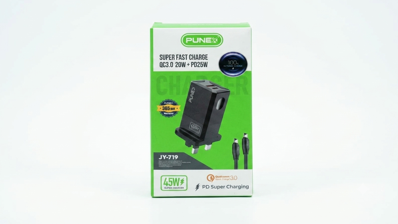PUNEX JY-719 45W Super Fast Charger with PD 25W and QC 3.0 Technology USB Fast Charging Adapter Wall Charger for Android Smartphones, Tablets and Compatible Devices with Safe Charging Protection     .