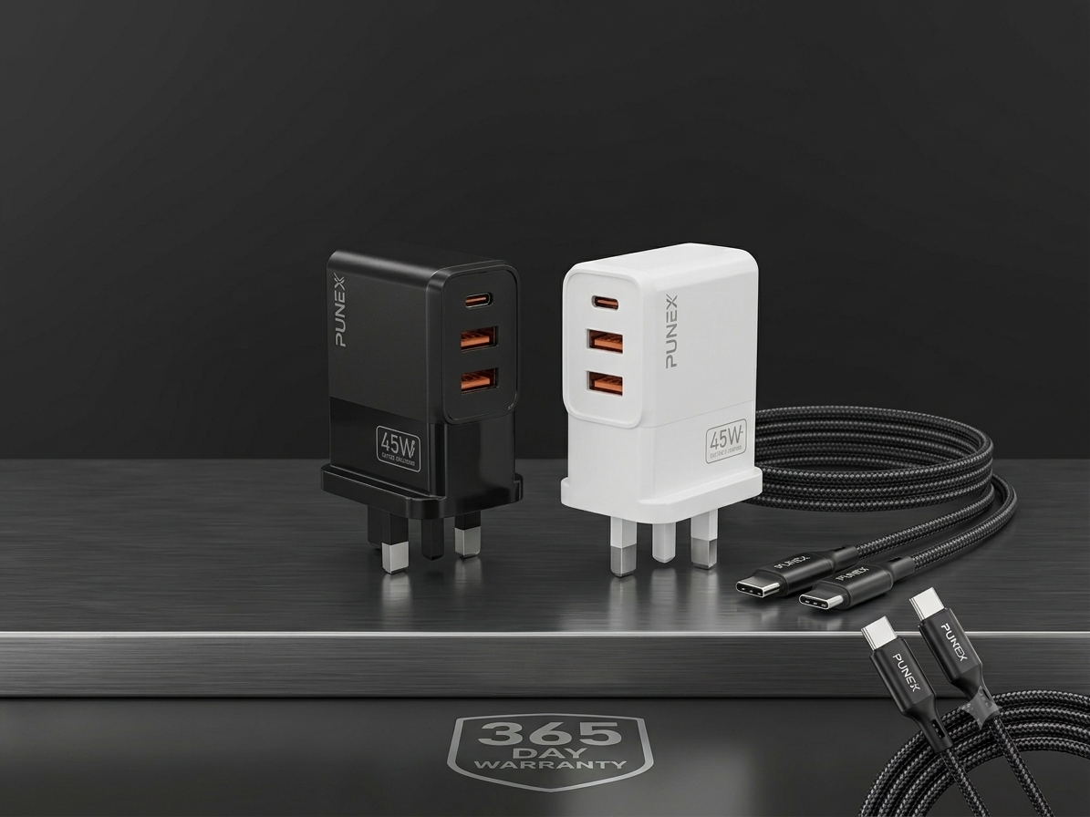 Punex JY-719 45W Super Fast Charger Kit with Dual Charging Cables | QC3.0 20W + PD25W Dual Port Wall Travel Charger Plug Adapter for iPhone 15 14 13 Pro Max, Samsung Galaxy S24 S23 Ultra, Xiaomi Mi Tu