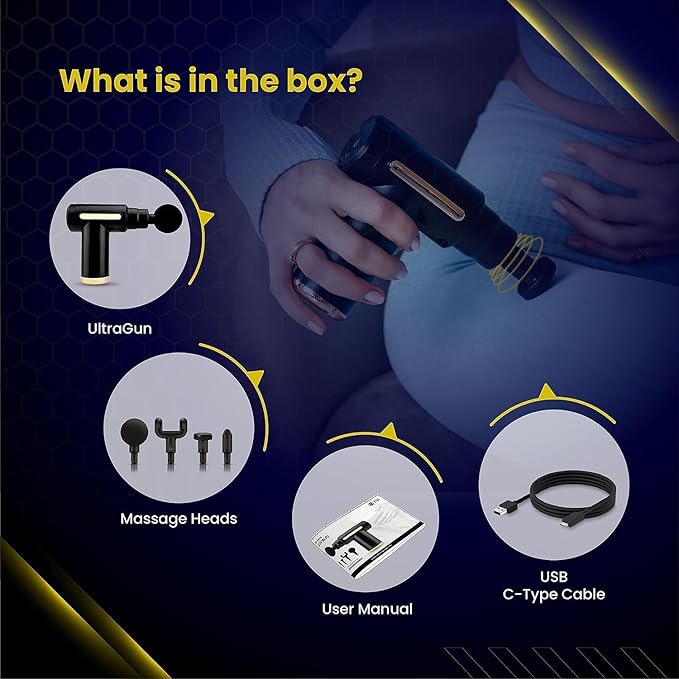 Portable Massage Gun Deep Tissue Muscle Massager Rechargeable Handheld deep Body Massage Device with 4 Interchangeable Massage Heads for Neck Back Shoulders Arms Legs Fitness Recovery and Relaxation.