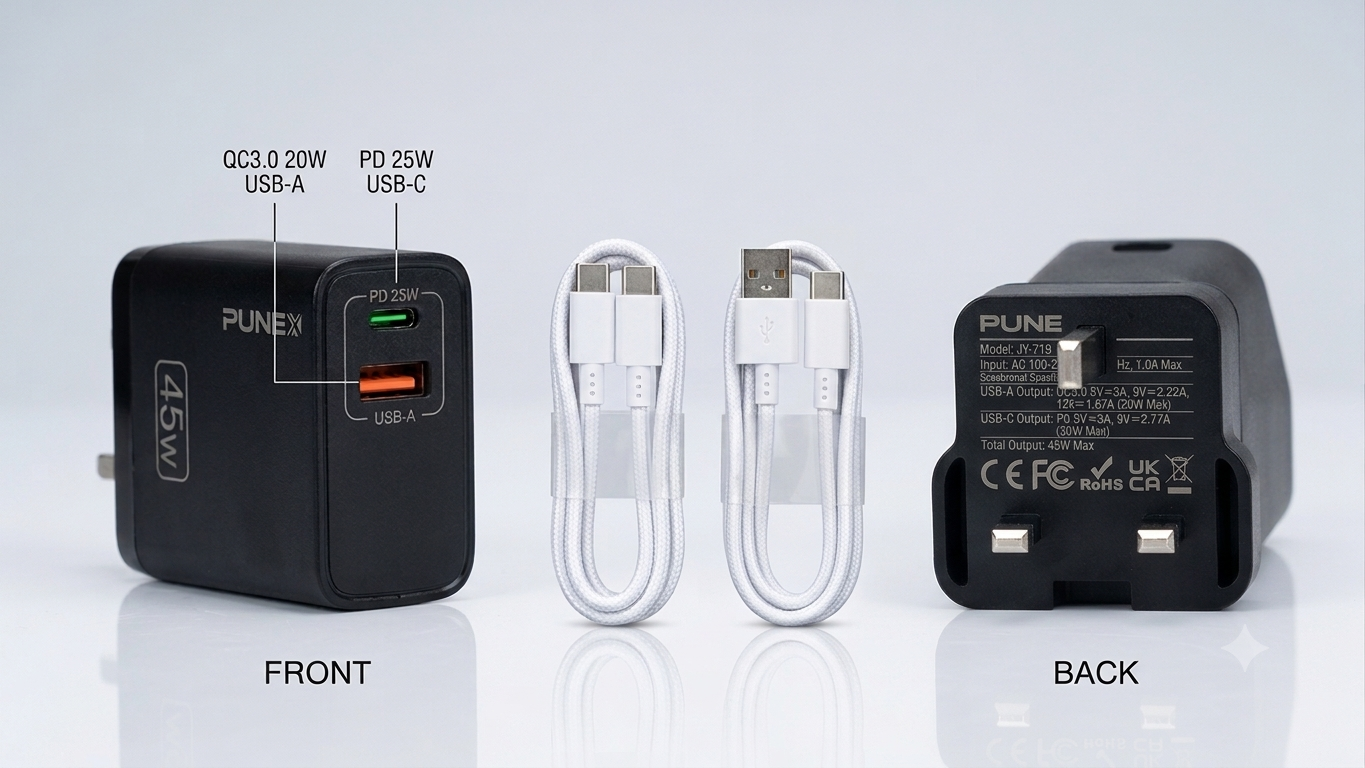 PUNEX JY-719 45W Super Fast Charger with PD 25W and QC 3.0 Technology USB Fast Charging Adapter Wall Charger for Android Smartphones, Tablets and Compatible Devices with Safe Charging Protection     .