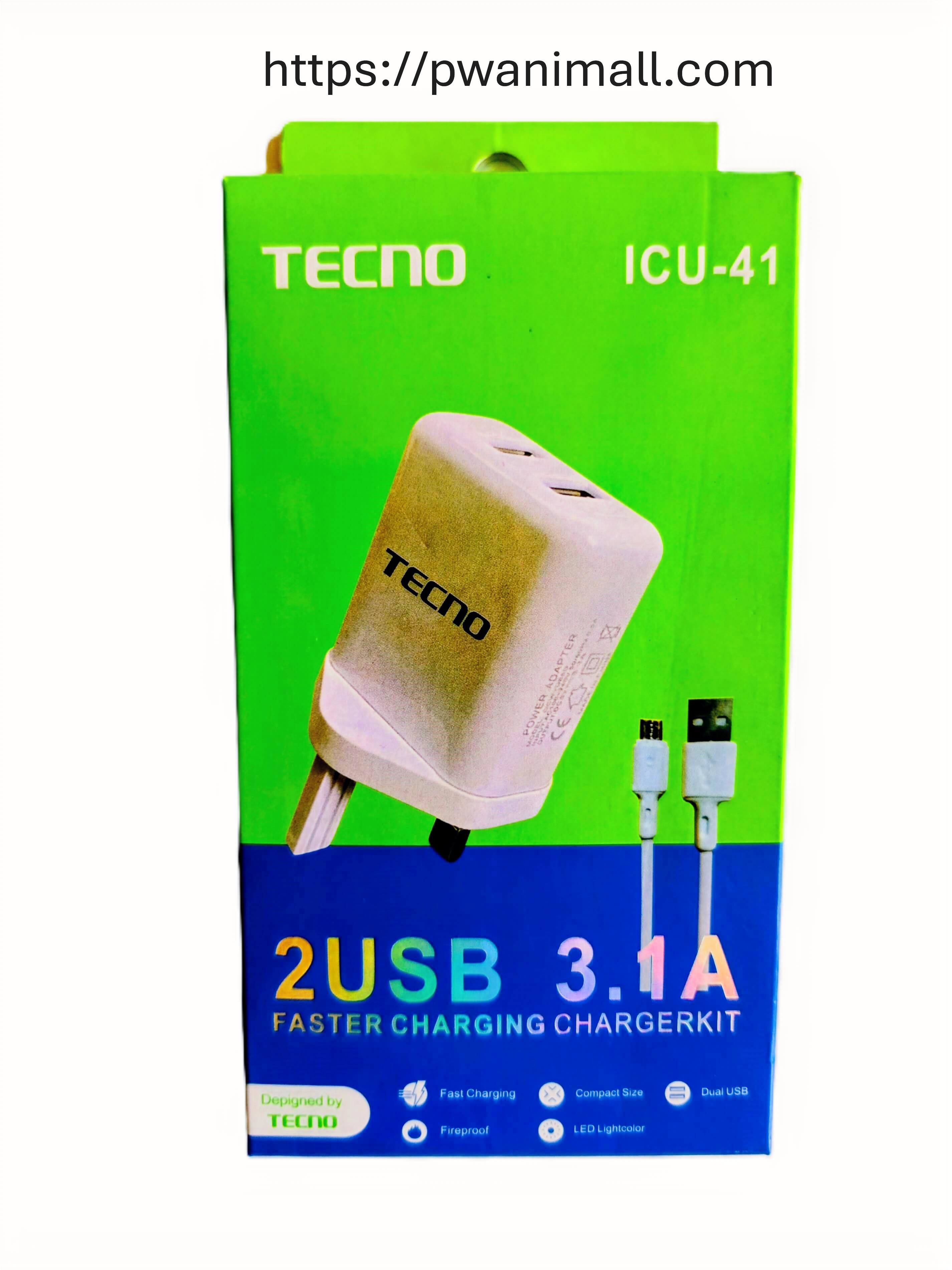 New Arrival TECNO 3.1A Fast Charger ICU-41 Dual USB Port Wall Adapter Head High Speed Multi-Protection Fireproof Charging Block with Micro USB Cable Compact Travel Charger Kit Designed by TECNO(White)