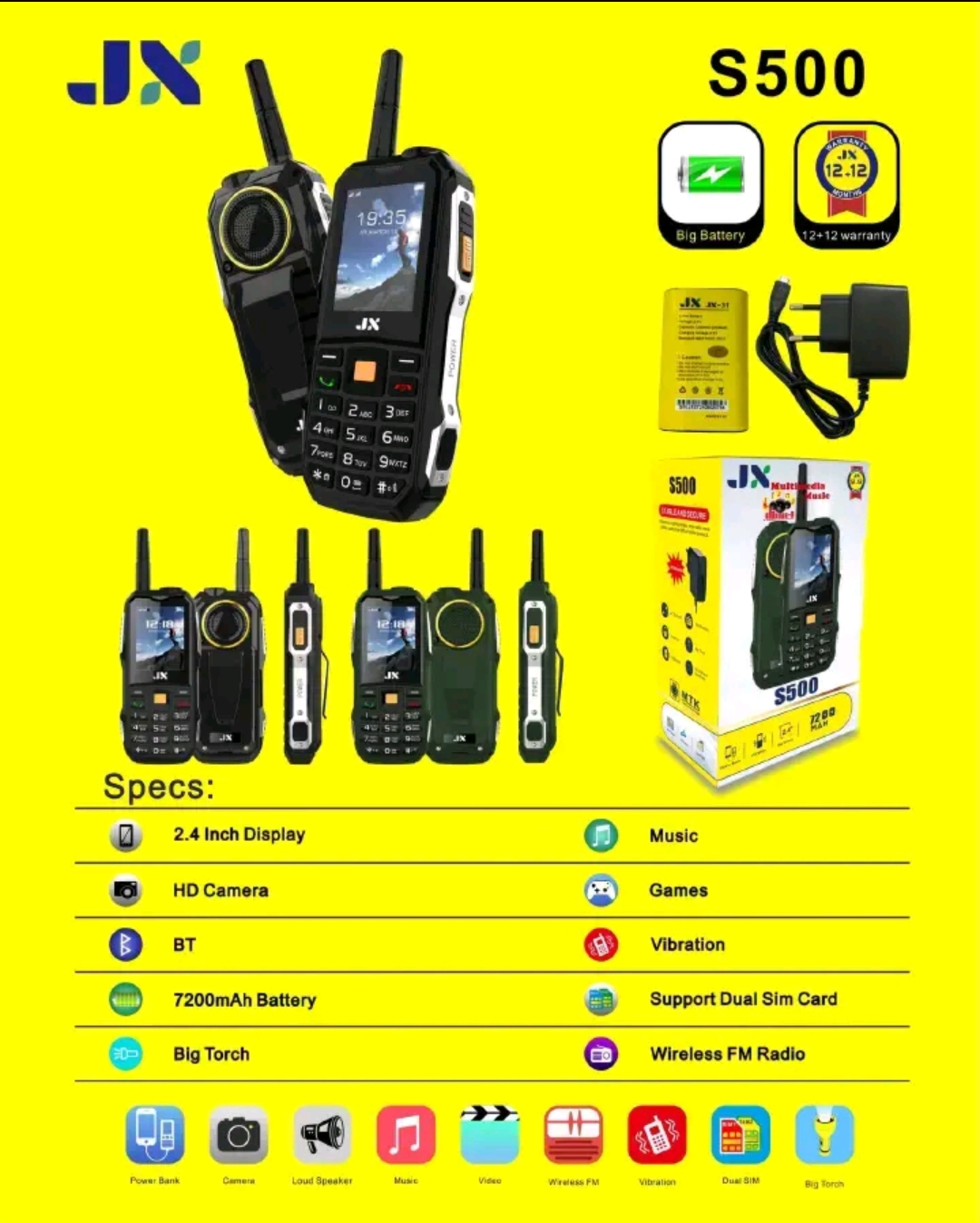 [NEW ARRIVAL!!]BRAND NEW JX S500 2.4 inch Display 7200mAh Buletooth Vibrator/Wireless FM/ MP3/MP4/Big Torch/ Auto callrecording/Power Bank Cell Feature Phone