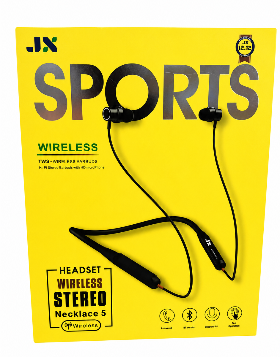 JX SPORTS Wireless Stereo Earphones – TWS Bluetooth Neckband Headset with HD Voice, Call Vibration, Rechargeable Battery, iPhone/iPad Compatible, Deep Bass, Necklace 5 Design for Sports & Daily Use