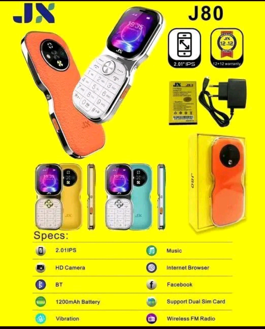 JX J80 NEW ARRIVAL KABAMBE/KATULULU/ MULIKA MWIZI MOBILE PHONE FEATURE PHONE WITH UNIQUE SHAPE SCREEN DISPLAY 2" BATTERY 1200MAH WIRELESS FM DUAL SIM CARD HD CAMERA ONE
