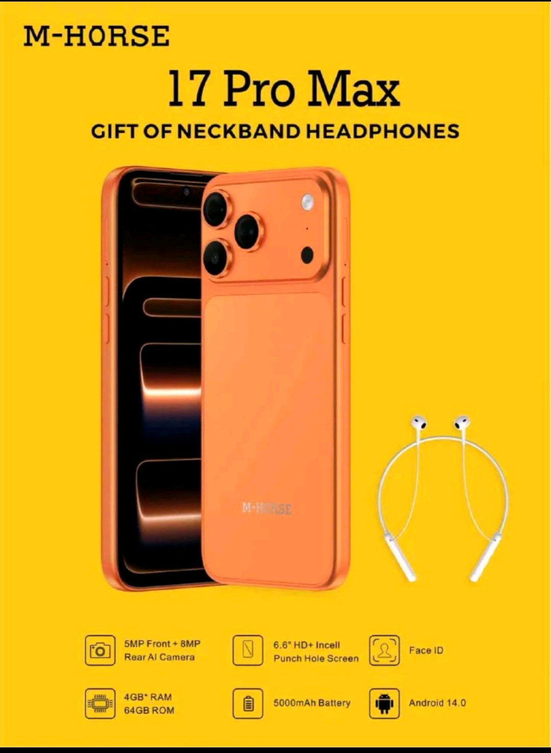 LIMITED DISCOUNT   M-HORSE A17 Smartphone | 4GB RAM + 64GB ROM | 6.8″ HD+ Incell Screen | 5000mAh Battery | Android 15 | Dual Speakers  Stylish design with smooth performance for daily use.