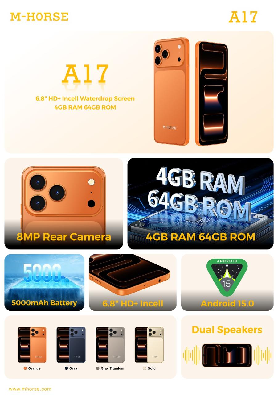 LIMITED DISCOUNT   M-HORSE A17 Smartphone | 4GB RAM + 64GB ROM | 6.8″ HD+ Incell Screen | 5000mAh Battery | Android 15 | Dual Speakers  Stylish design with smooth performance for daily use.