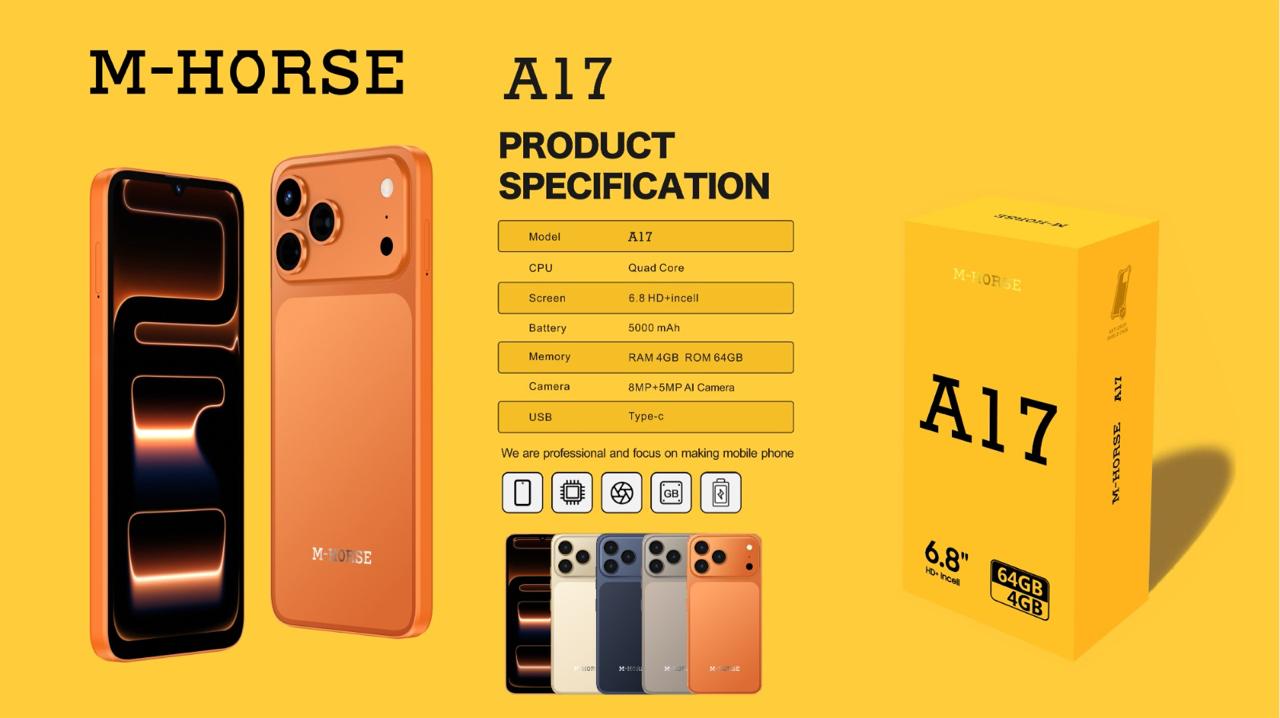 LIMITED DISCOUNT   M-HORSE A17 Smartphone | 4GB RAM + 64GB ROM | 6.8″ HD+ Incell Screen | 5000mAh Battery | Android 15 | Dual Speakers  Stylish design with smooth performance for daily use.