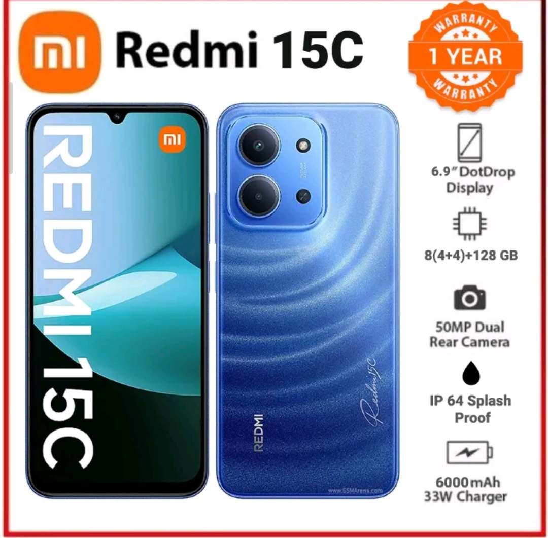 REDMI 15C 128GB ROM 8(4+4) GB Ram 6.9'' LCD 50MP Main Camera 8MP selfie camera 6000mAh 33W Fast Charger Android 15 Xiaomi Hyper OS 2 Mediatek  Side Fingerprint smart phones + FREE GIFTS FOR YOU