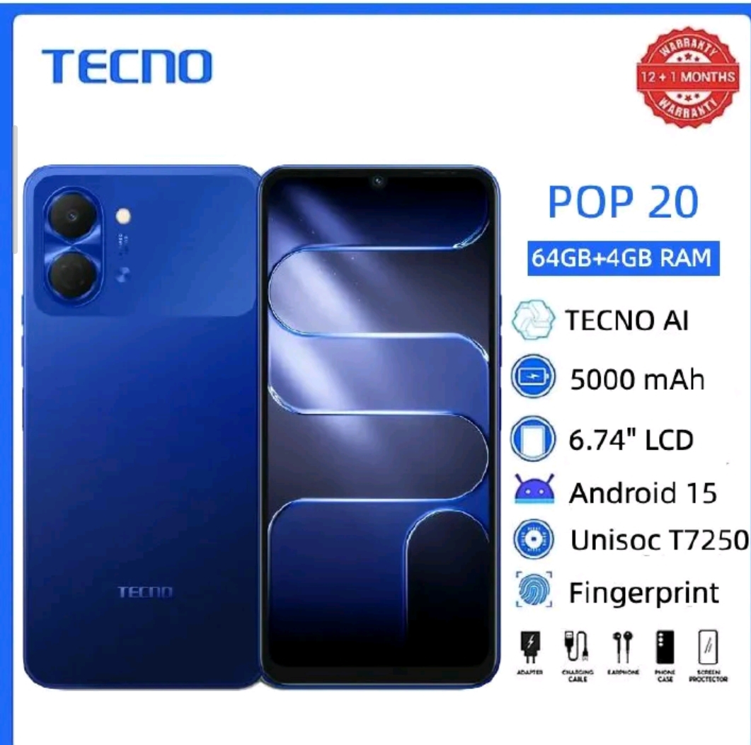 TECNO POP 20 64GB + 8(4+4)GB 4G Network 6.75" 120Hz Hole Screen Dual Speakers IP64 Waterproof 13MP 5000mAh 15W Type-C Android 15 Dual SIM Phone Side Fingerprint Unlock phones