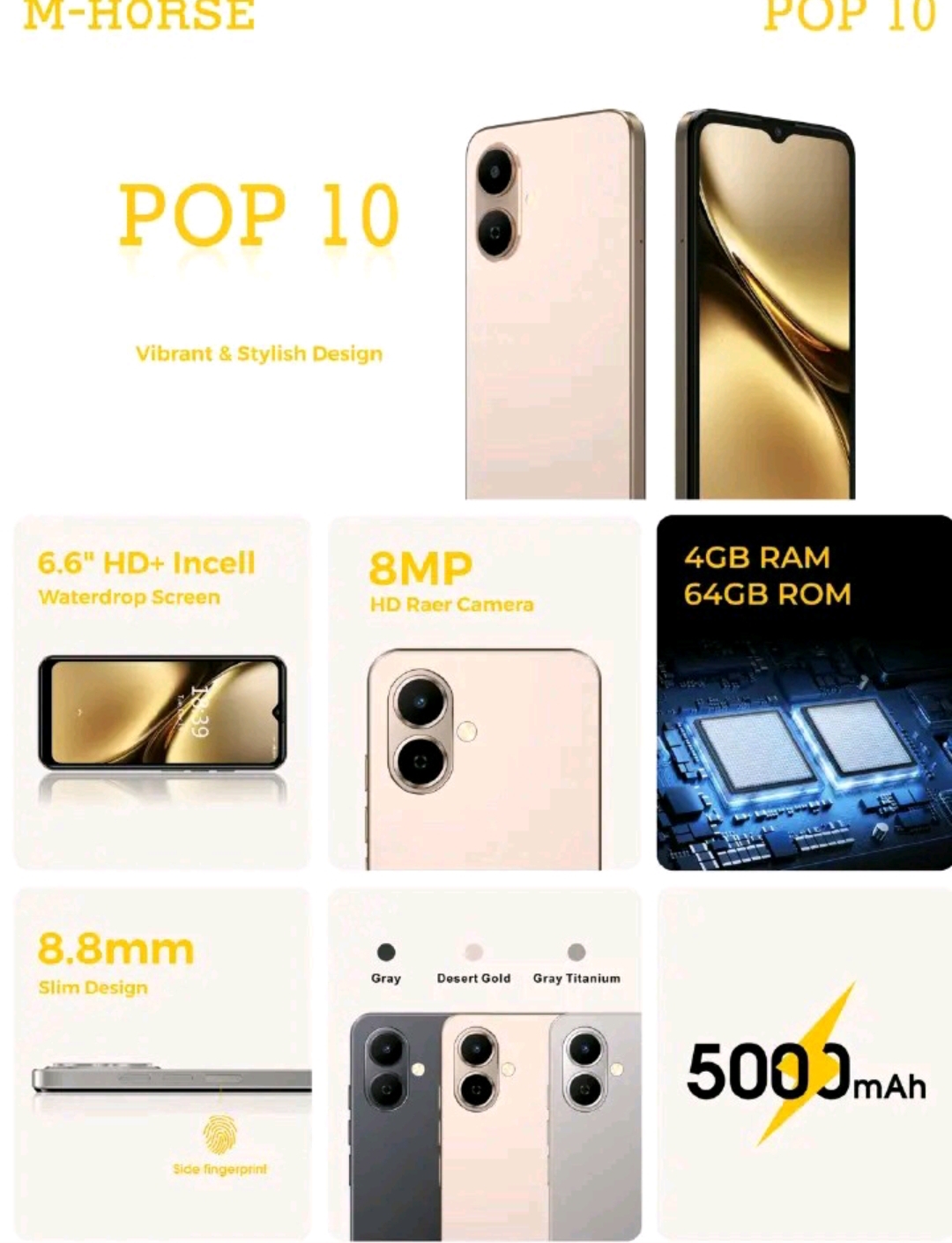 *M-HORSE POP 10 64GB ROM + 4GB RAM 4G Network 6.6" Dual Speakers IP64 Waterproof 8MP MAIN CAMERA 5MP SELFIE 5000mAh BATTERY CAPACITY Type-C Android 14 Dual SIM Phone Side Fingerprint smartphones*