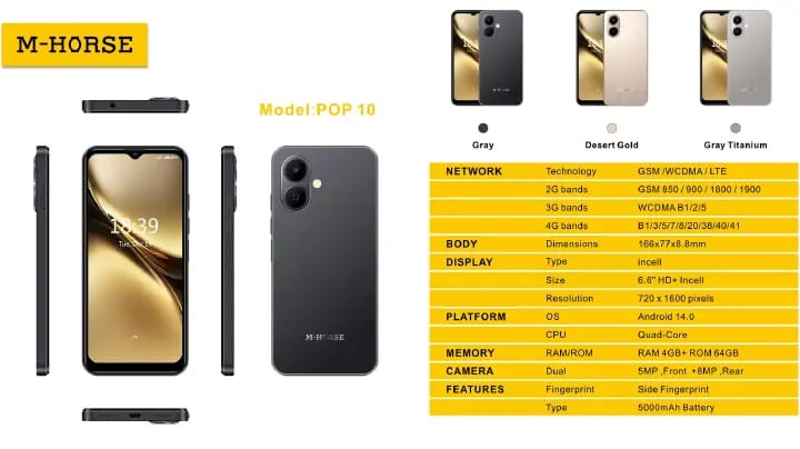*M-HORSE POP 10 64GB ROM + 4GB RAM 4G Network 6.6" Dual Speakers IP64 Waterproof 8MP MAIN CAMERA 5MP SELFIE 5000mAh BATTERY CAPACITY Type-C Android 14 Dual SIM Phone Side Fingerprint smartphones*