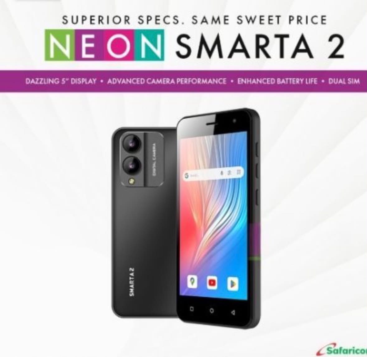 Neona smarta 2 ,4g network,32gb with 2ram ,dual sim support,,8mp rear camera 
 2mo front camera,3300mah capacity battery 🔋🔋 
Support fast charging power,5.0 inch screen display