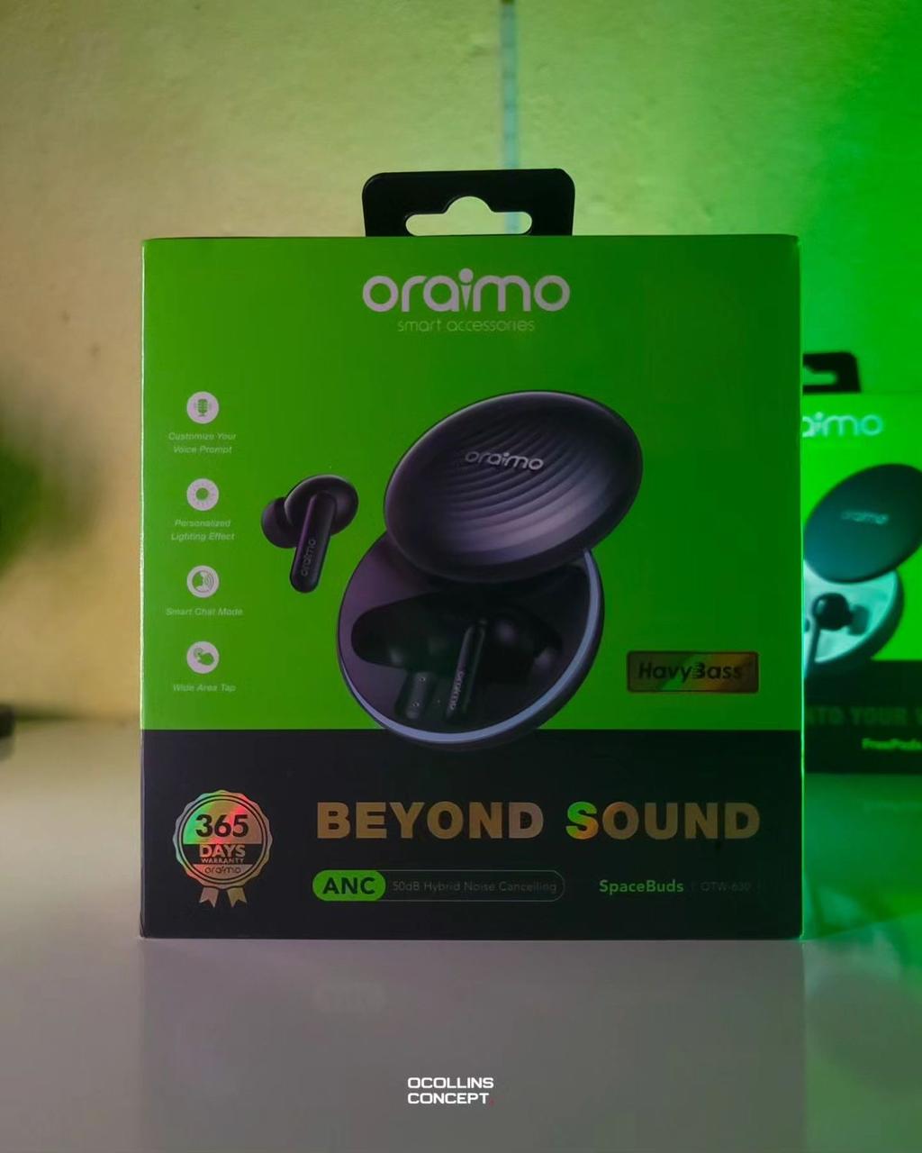 ORAIMO SPACE BUDS , water  proof,AND VOICE PROMPT,,45 HRS OF PLAYTIME WITH HEAVY BASE, SMART AI FEATURE.AND NOISE CANCELLATION