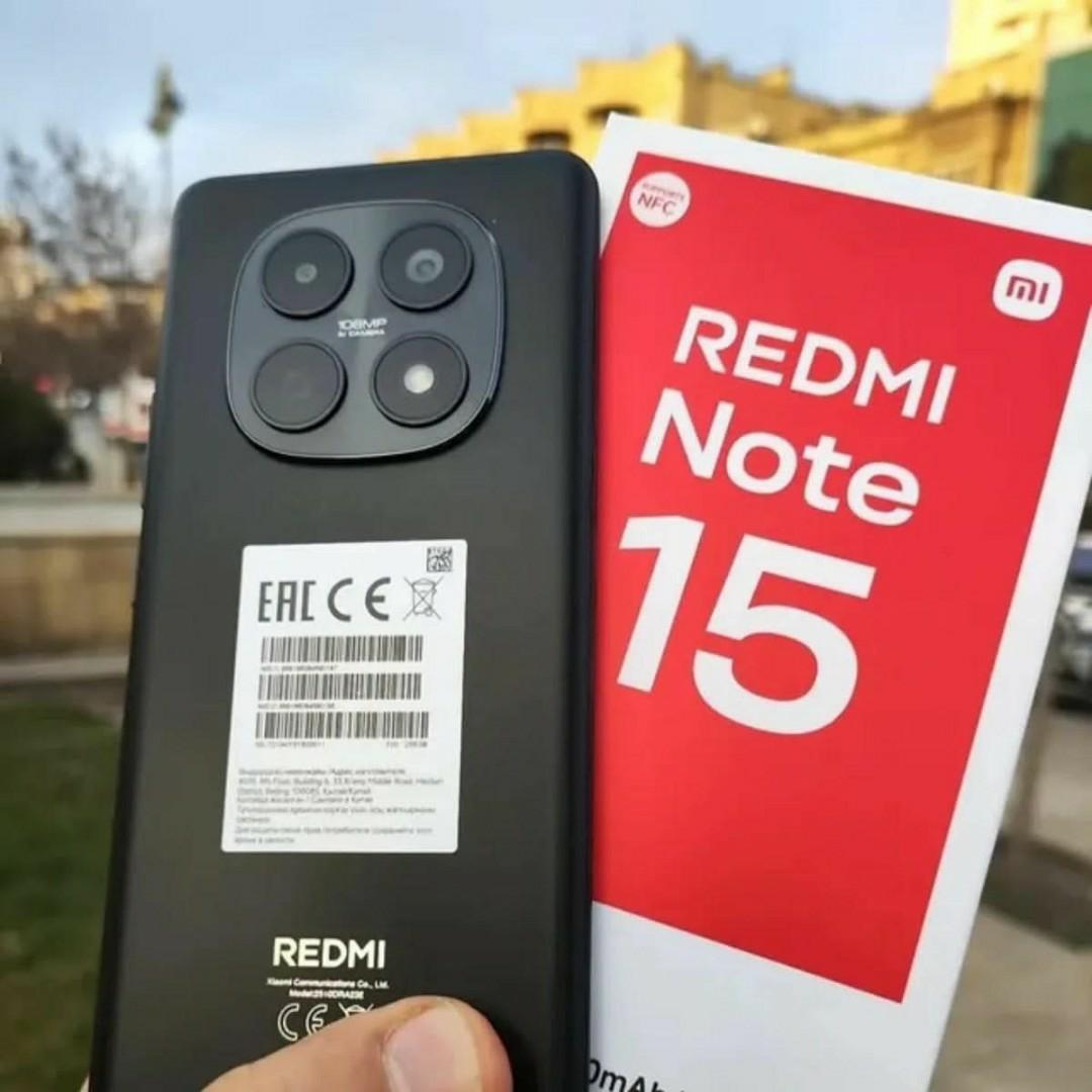 Redmi note 15  .  Battery capacity of 6500mah, dual sim support,4g network massive display screen, 50 mp primary camera,32mp
 Android 14 ,8ram 256gb storage type C charger cable, 6.7 inch screen