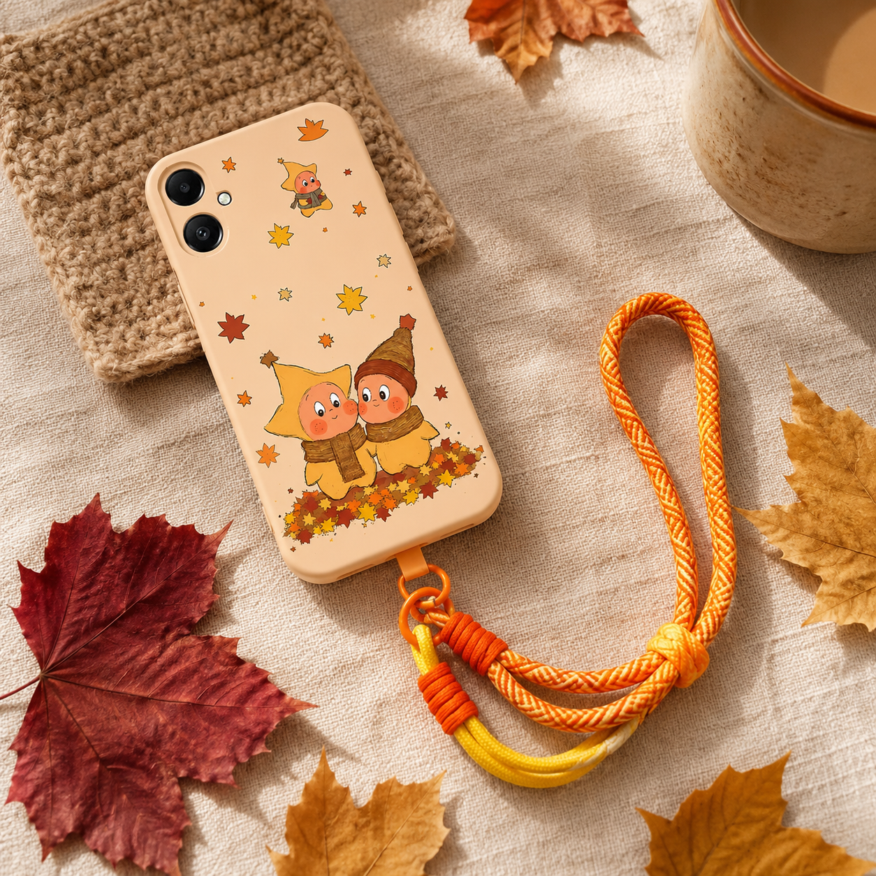 Cute Cartoon Samsung Phone Case with Lanyard for A07 A06 A05 Soft Shockproof Fall Leaves Star Strap Cover for Girls