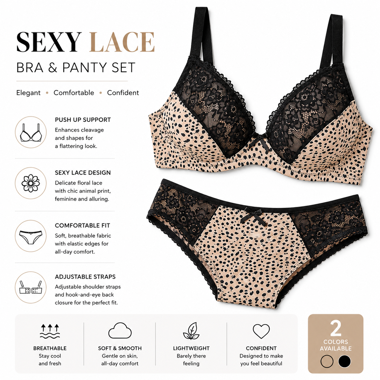 Plus Size Leopard Lace Bra Panty Set Sexy Push Up Underwear Women Breathable Comfortable Lingerie Set Adjustable Straps Bra & Panties Suit