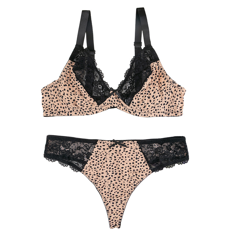 Plus Size Leopard Lace Bra Panty Set Sexy Push Up Underwear Women Breathable Comfortable Lingerie Set Adjustable Straps Bra & Panties Suit
