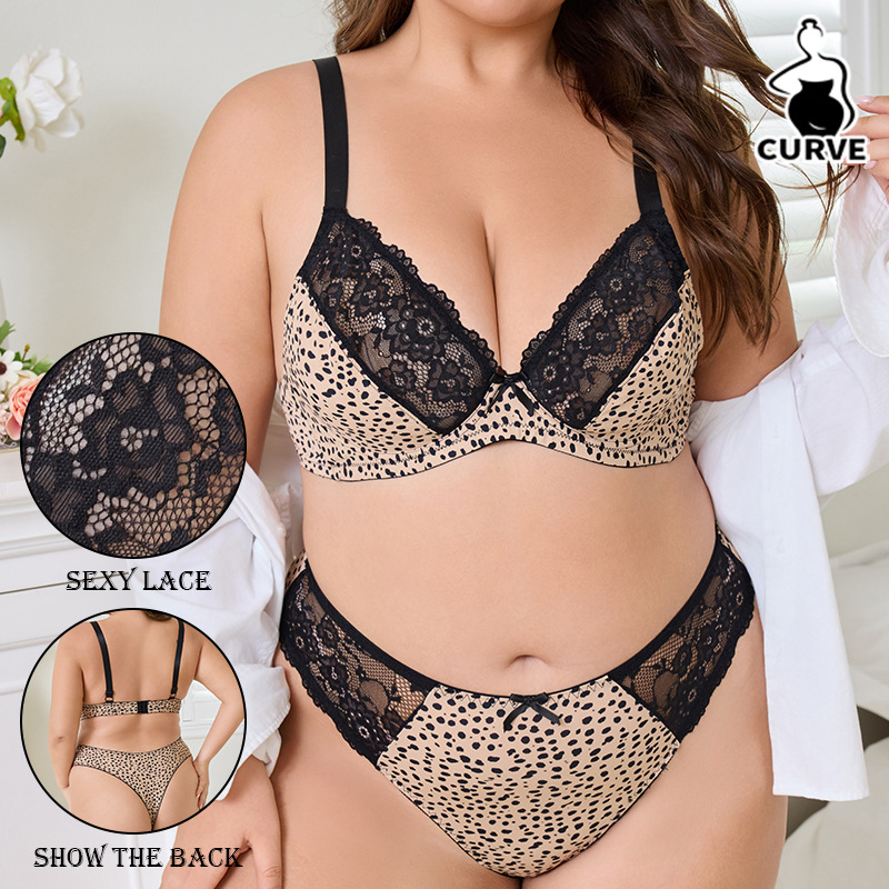 Plus Size Leopard Lace Bra Panty Set Sexy Push Up Underwear Women Breathable Comfortable Lingerie Set Adjustable Straps Bra & Panties Suit