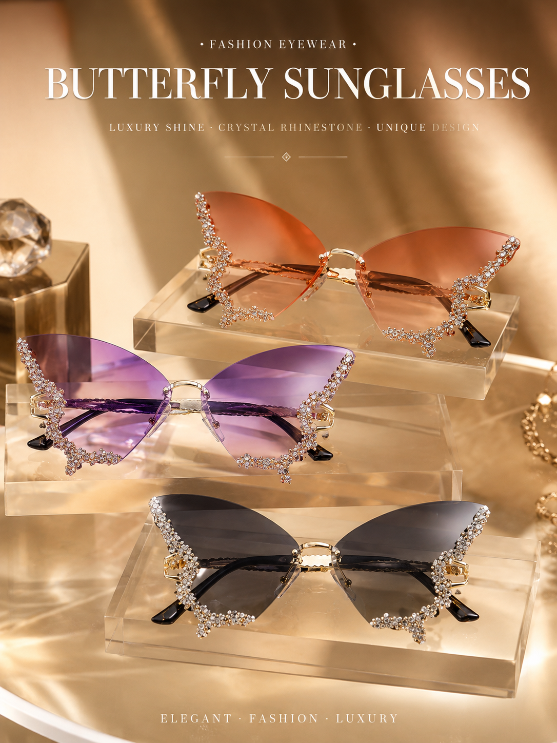 Luxury Rhinestone Butterfly Sunglasses Women UV400 Fashion Cat Eye Crystal Shades Gradient Lens Party Eyewear Elegant Oversized Sunglasses for Ladies
