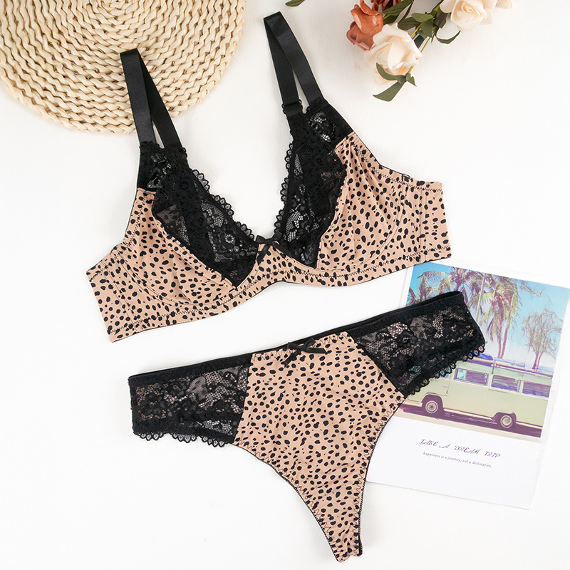 Plus Size Leopard Lace Bra Panty Set Sexy Push Up Underwear Women Breathable Comfortable Lingerie Set Adjustable Straps Bra & Panties Suit