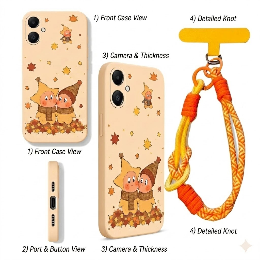 Cute Cartoon Samsung Phone Case with Lanyard for A07 A06 A05 Soft Shockproof Fall Leaves Star Strap Cover for Girls
