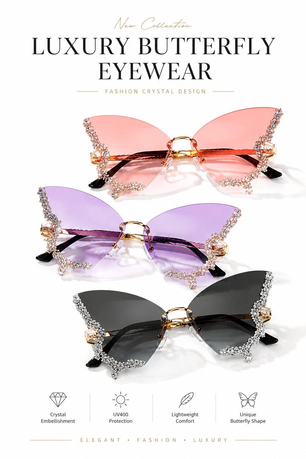 Luxury Rhinestone Butterfly Sunglasses Women UV400 Fashion Cat Eye Crystal Shades Gradient Lens Party Eyewear Elegant Oversized Sunglasses for Ladies