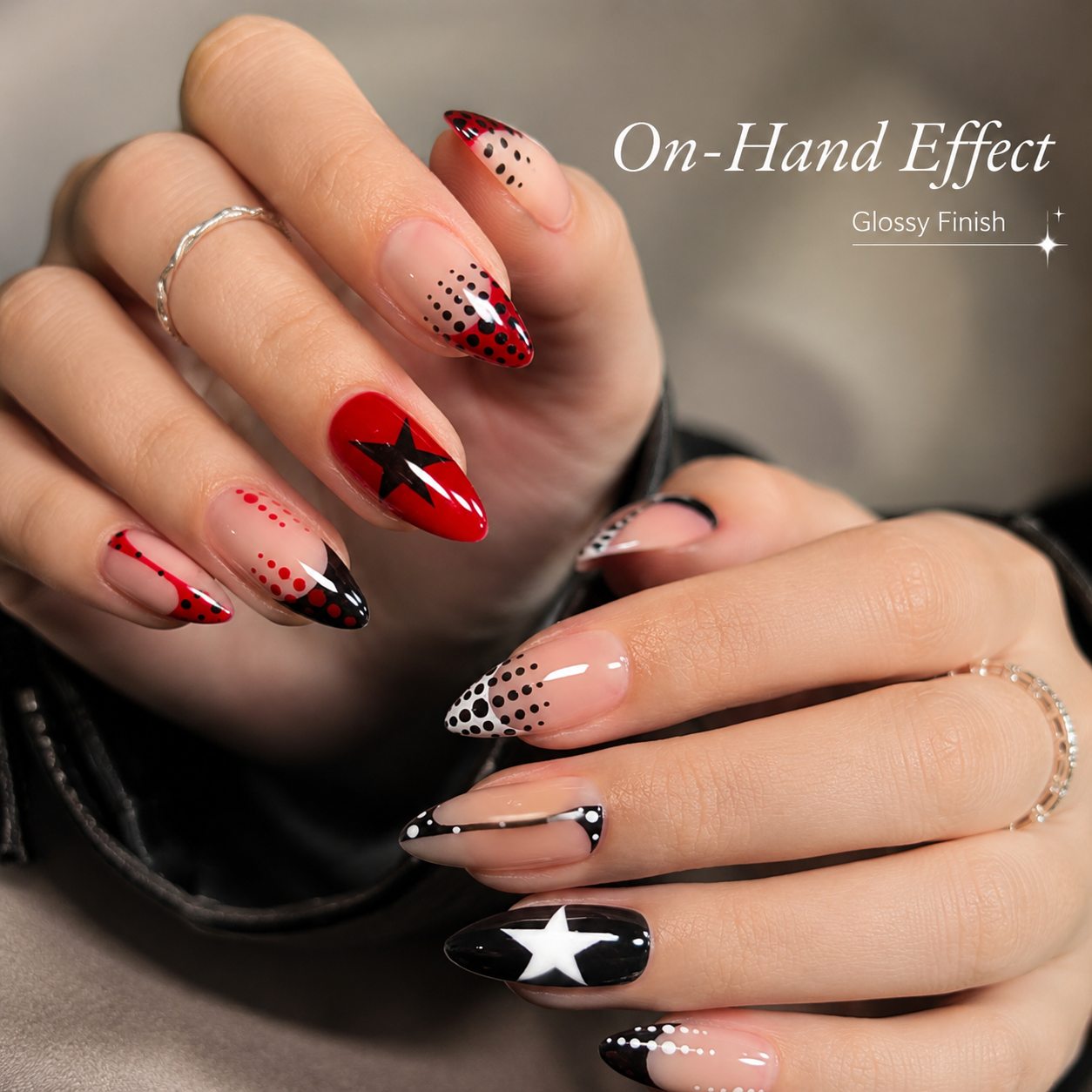 24PCS Press On Nails Set Red Black Star Dot Design Glossy Almond Fake Nails with Adhesive Tabs for Women Girls DIY Manicure view 2