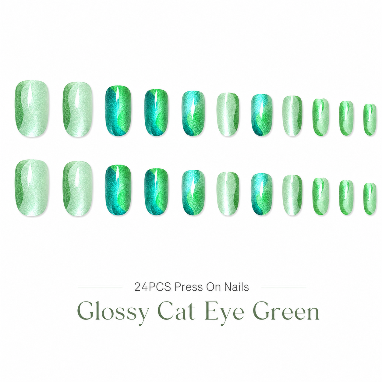 24Pcs Green Cat Eye Press On Nails Set Glossy Magnetic False Nails Short Square Fake Nails for Women DIY Manicure with Adhesive Tabs and Nail File