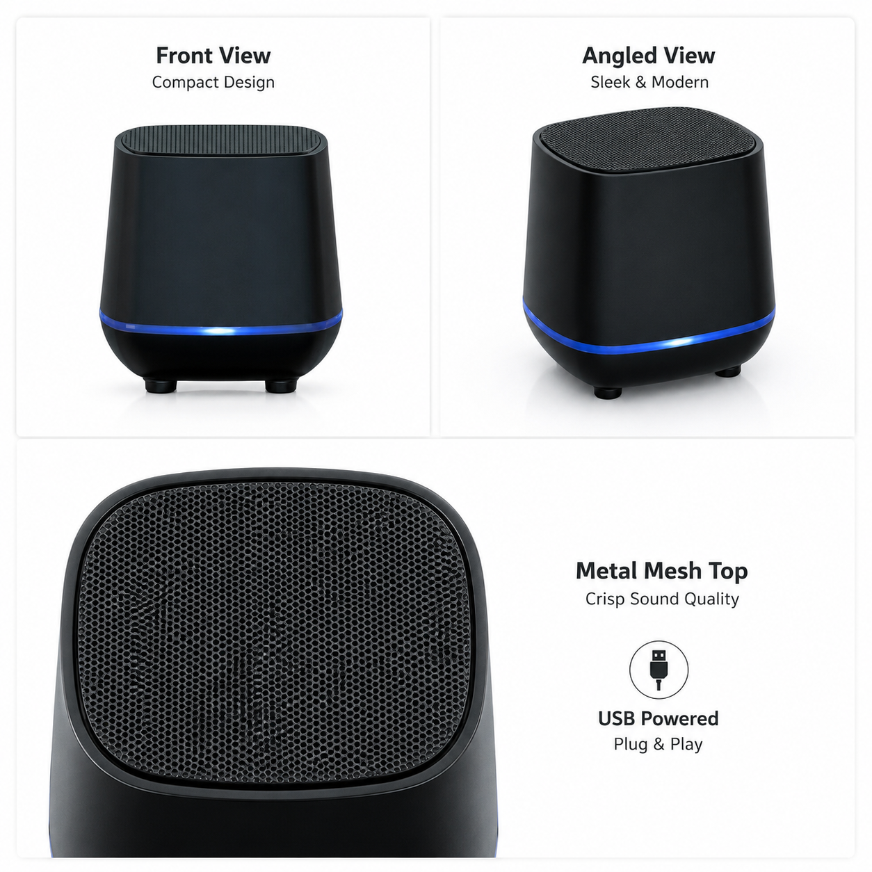 Mini USB Desktop Speaker 3W Powerful Bass Portable Computer Speaker With Blue LED Light 3.5mm Audio Wired Speaker For Laptop Phone TV PC Gaming Music