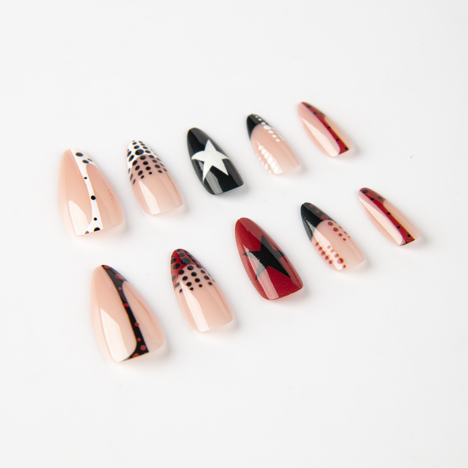 24PCS Press On Nails Set Red Black Star Dot Design Glossy Almond Fake Nails with Adhesive Tabs for Women Girls DIY Manicure view 8