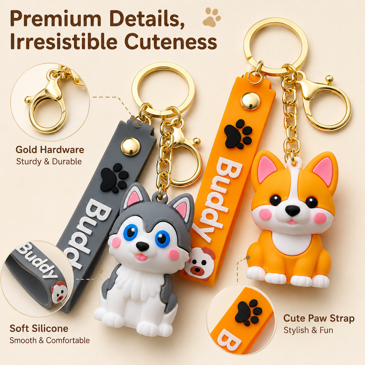 2Pcs Cute Pet Keychain Set Cartoon Dog Bag Charm Silicone Buddy Pendant Key Ring for Backpack Purse Handbag Keys Girls Gift