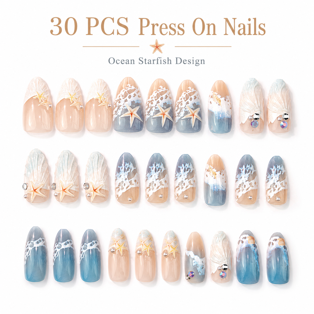 30PCS Ocean Starfish Press On Nails Set, Blue Beach Style Fake Nails with 3D Shell Design, Glossy Full Cover Artificial Nails for Women DIY Manicure Gift