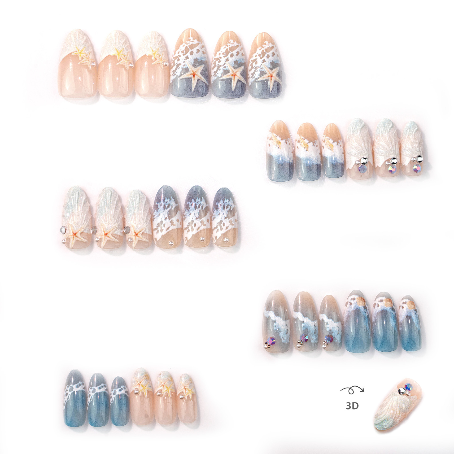 30PCS Ocean Starfish Press On Nails Set, Blue Beach Style Fake Nails with 3D Shell Design, Glossy Full Cover Artificial Nails for Women DIY Manicure Gift view 8