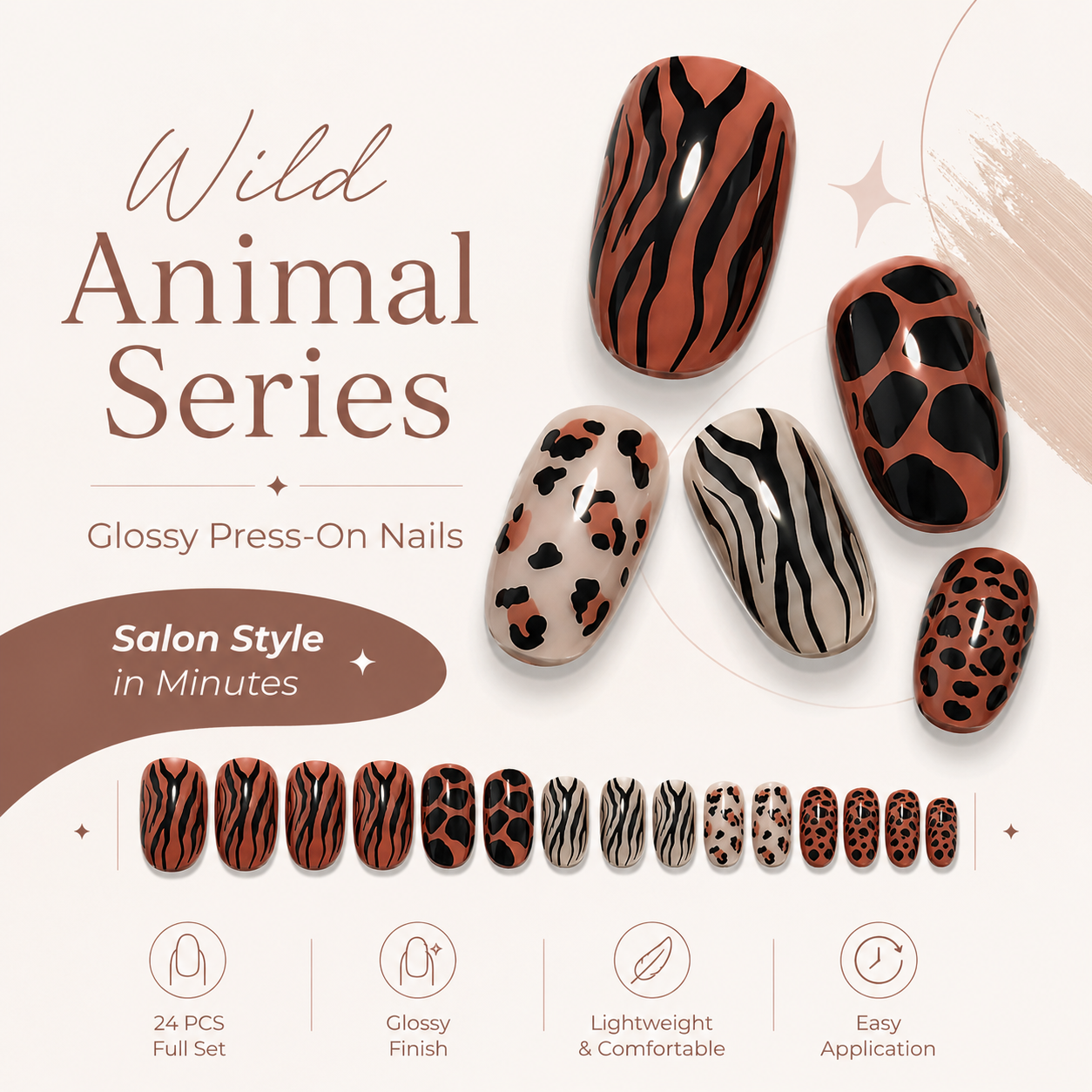 24PCS Animal Print Press On Nails Set Glossy Short Fake Nails with Tiger Zebra Leopard Patterns for Women Girls DIY Manicure view 5