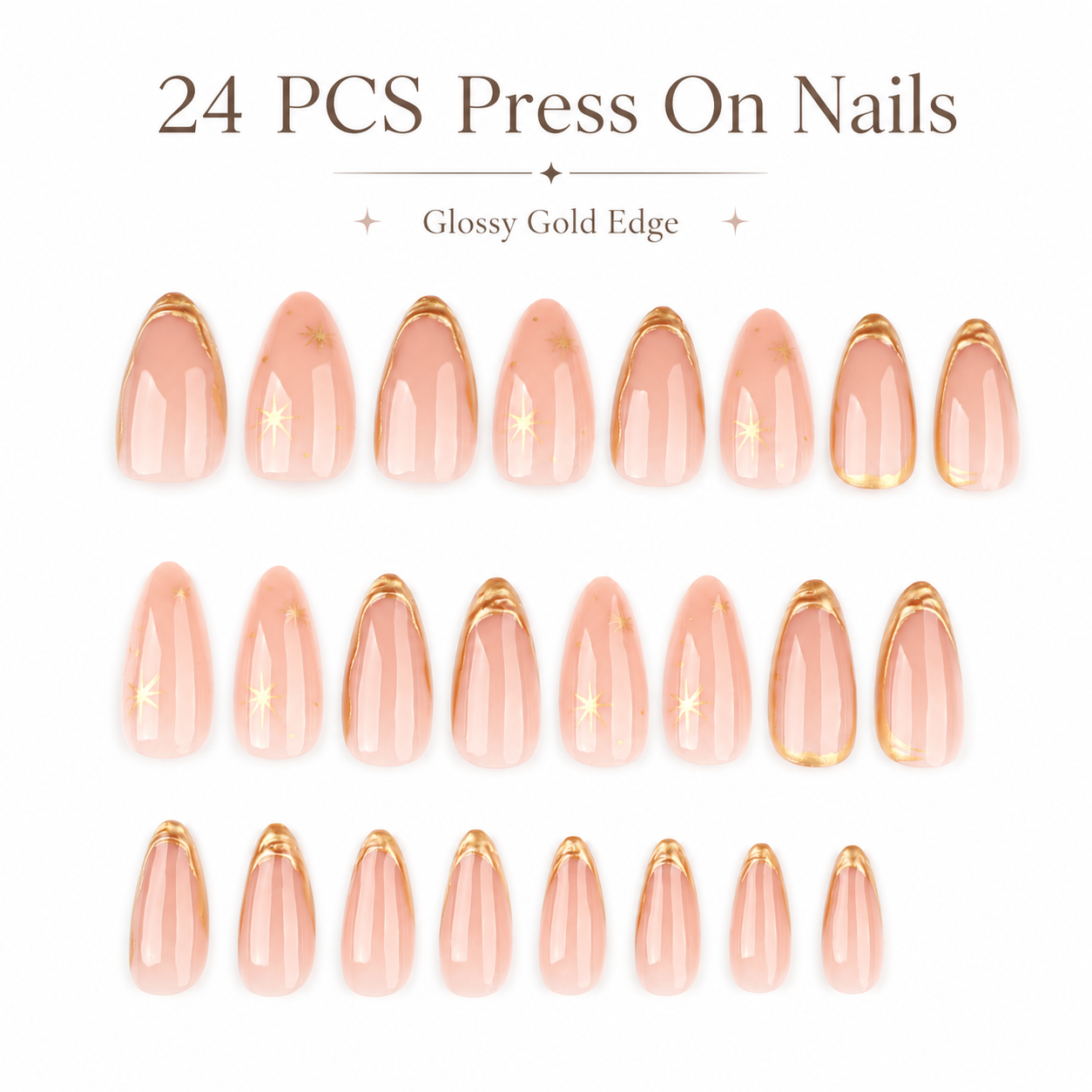 24PCS Nude Gold Edge Press On Nails Set Glossy Short Almond Fake Nails with Adhesive Tabs and Nail File for Women Girls DIY Manicure
