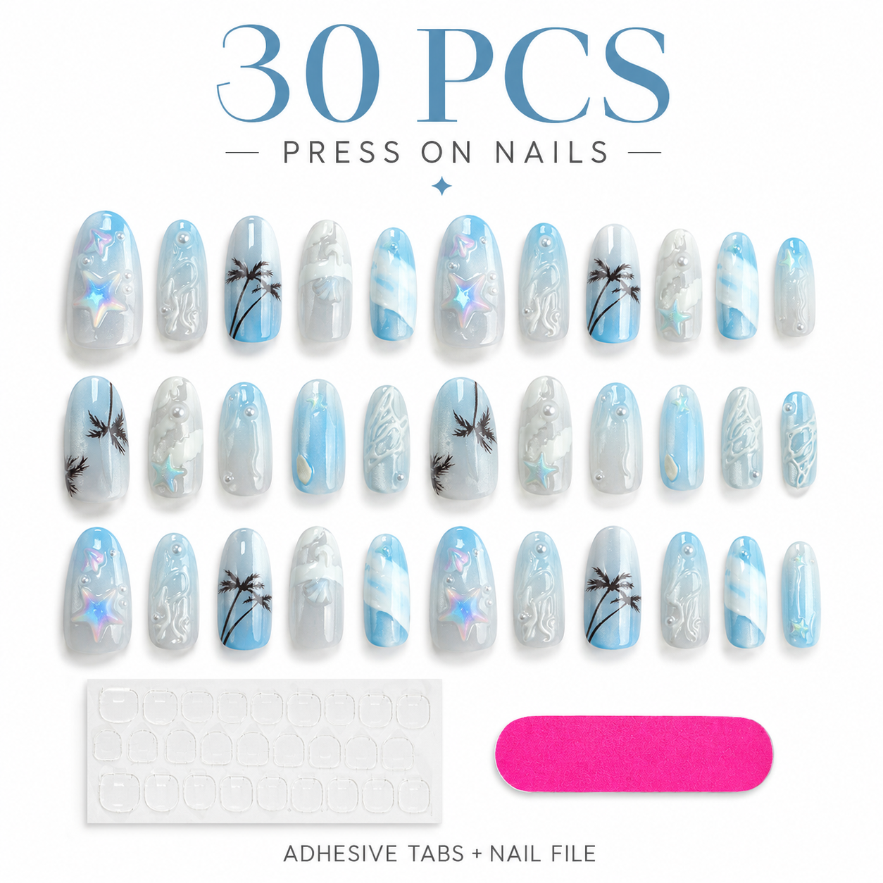 30PCS Ocean Blue Press On Nails Set Sea Star Pearl Glossy Fake Nails With Adhesive Tabs and Nail File for Women Girls