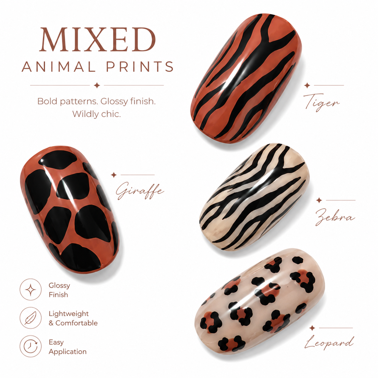 24PCS Animal Print Press On Nails Set Glossy Short Fake Nails with Tiger Zebra Leopard Patterns for Women Girls DIY Manicure view 3