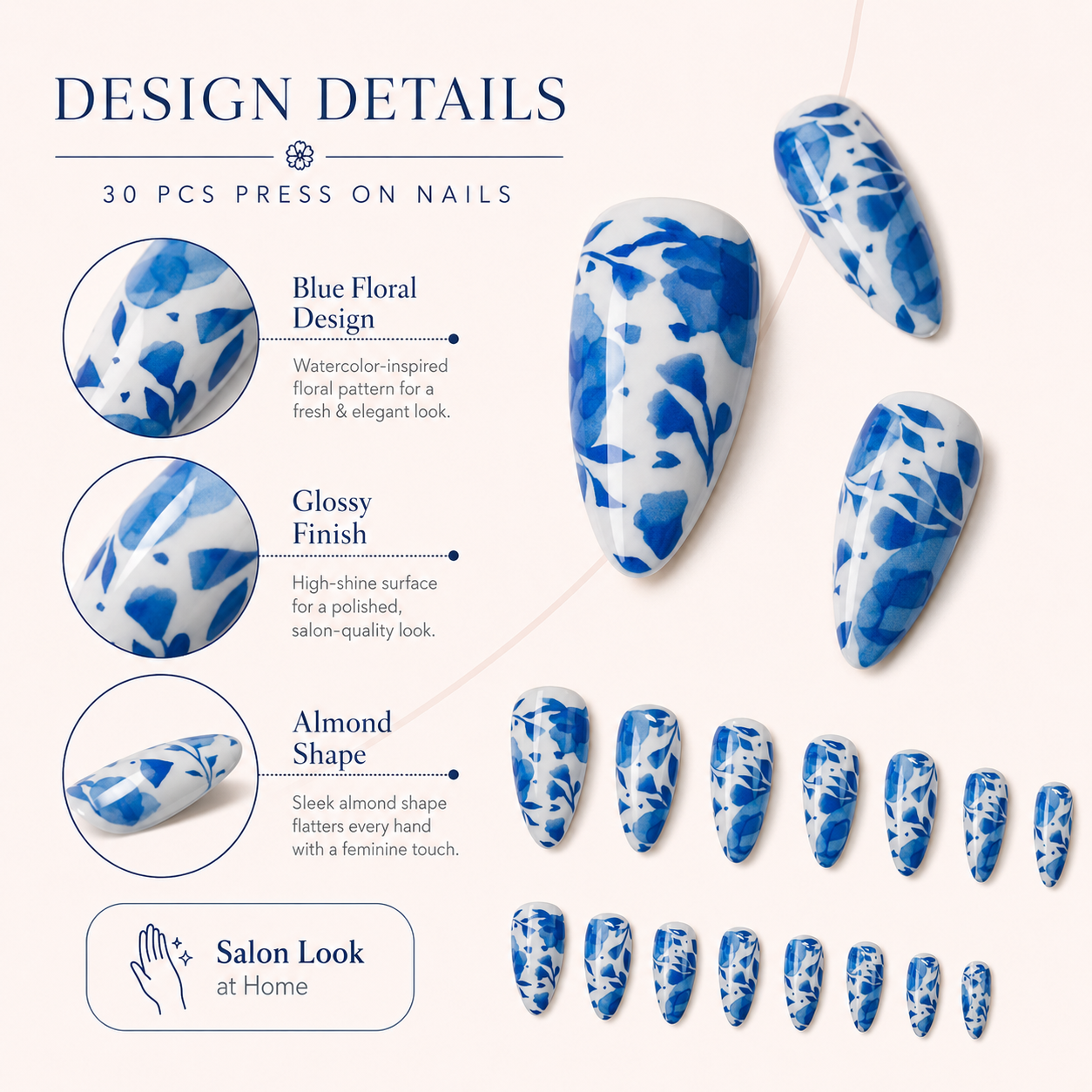 Blue Floral Press On Nails 30PCS – Elegant Almond Shape Fake Nails with Jelly Glue, Glossy Full Cover Reusable Nail Tips for Women view 2