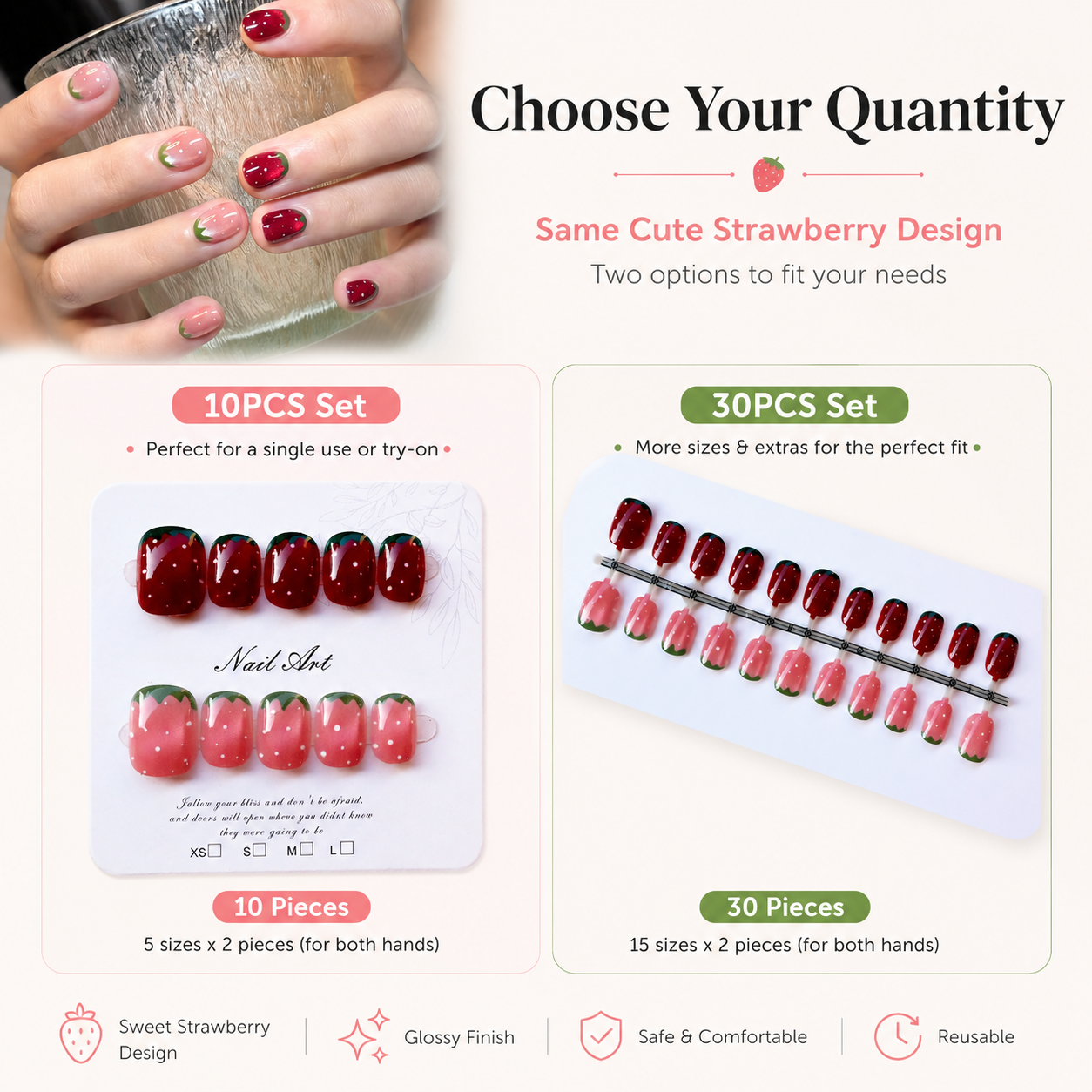 10/30PCS Strawberry Press On Nails Set Glossy Red Pink Short Fake Nails Cute Fruit Design with Adhesive Tabs for Women Girls DIY Manicure view 4