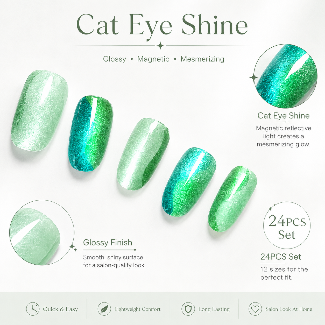 24Pcs Green Cat Eye Press On Nails Set Glossy Magnetic False Nails Short Square Fake Nails for Women DIY Manicure with Adhesive Tabs and Nail File view 2