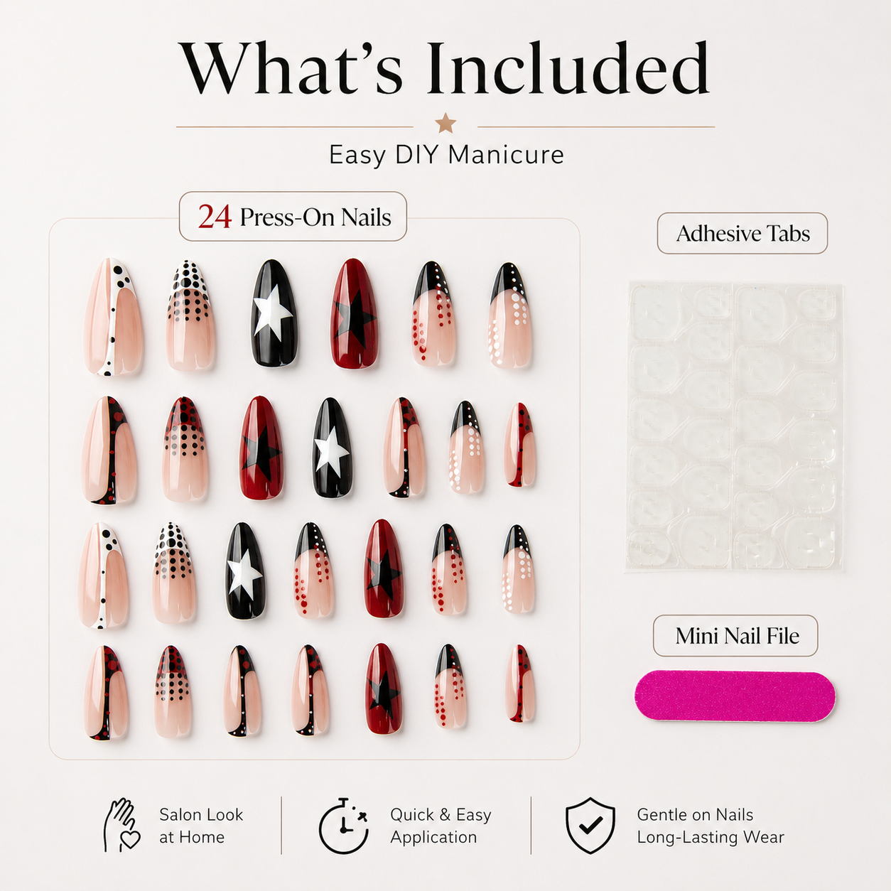 24PCS Press On Nails Set Red Black Star Dot Design Glossy Almond Fake Nails with Adhesive Tabs for Women Girls DIY Manicure view 4