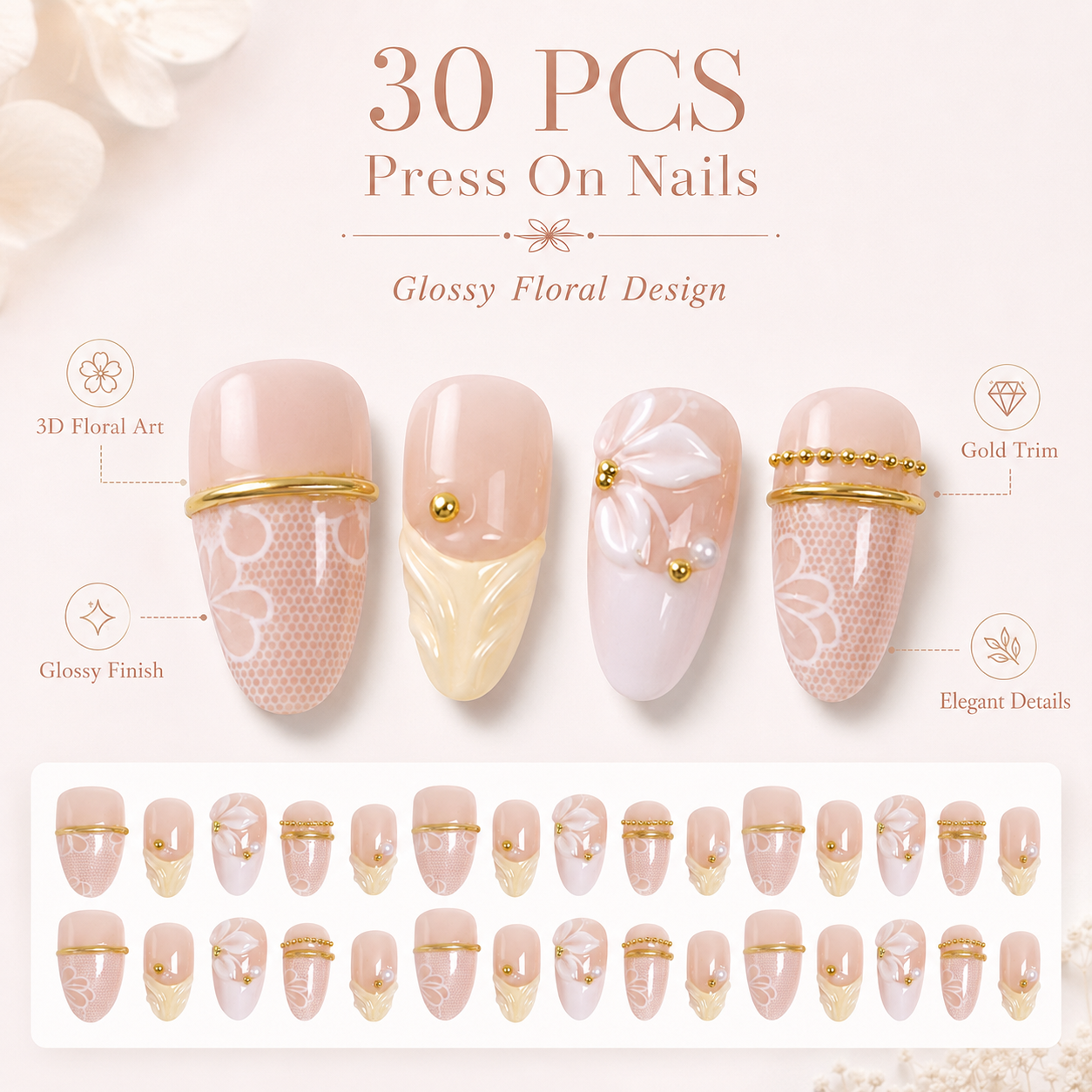 30Pcs Elegant Floral Press On Nails Set, Nude Pink Glossy False Nails with Gold Line Design, Reusable DIY Manicure Full Cover Nail Tips for Women & Girls view 3