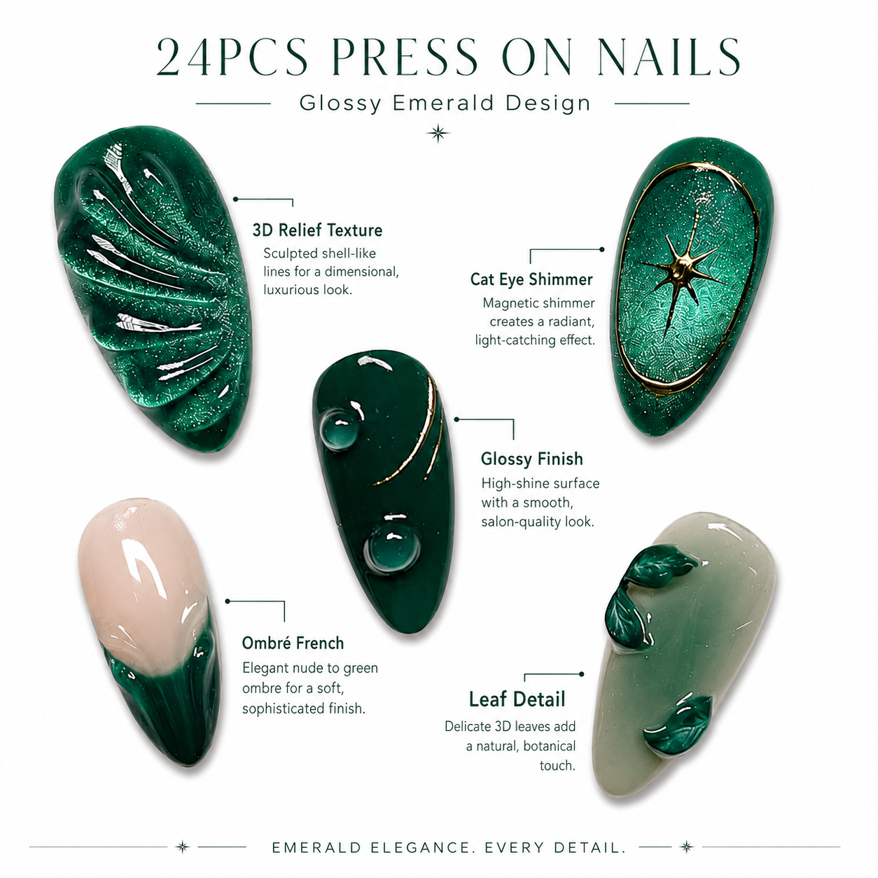 24PCS Emerald Green Press On Nails Set Glossy 3D Leaf Cat Eye Fake Nails with Adhesive Tabs for Women Girls DIY Manicure view 3