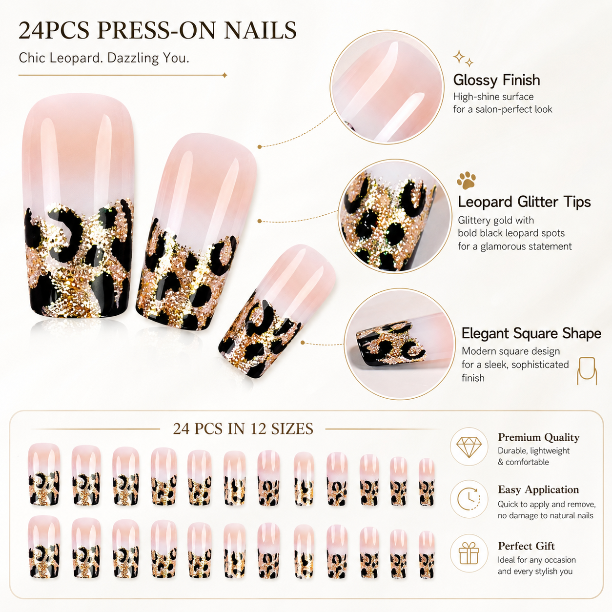 24Pcs Leopard Print French Press On Nails, Glitter Square Fake Nails, Reusable Full Cover Artificial Nail Tips for Women DIY Manicure Gift view 2