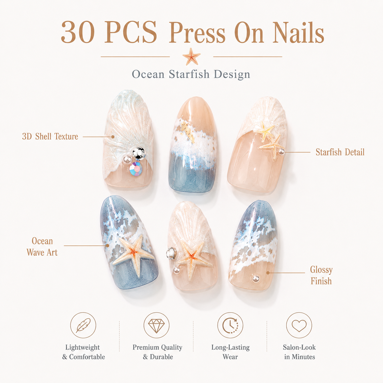 30PCS Ocean Starfish Press On Nails Set, Blue Beach Style Fake Nails with 3D Shell Design, Glossy Full Cover Artificial Nails for Women DIY Manicure Gift view 2