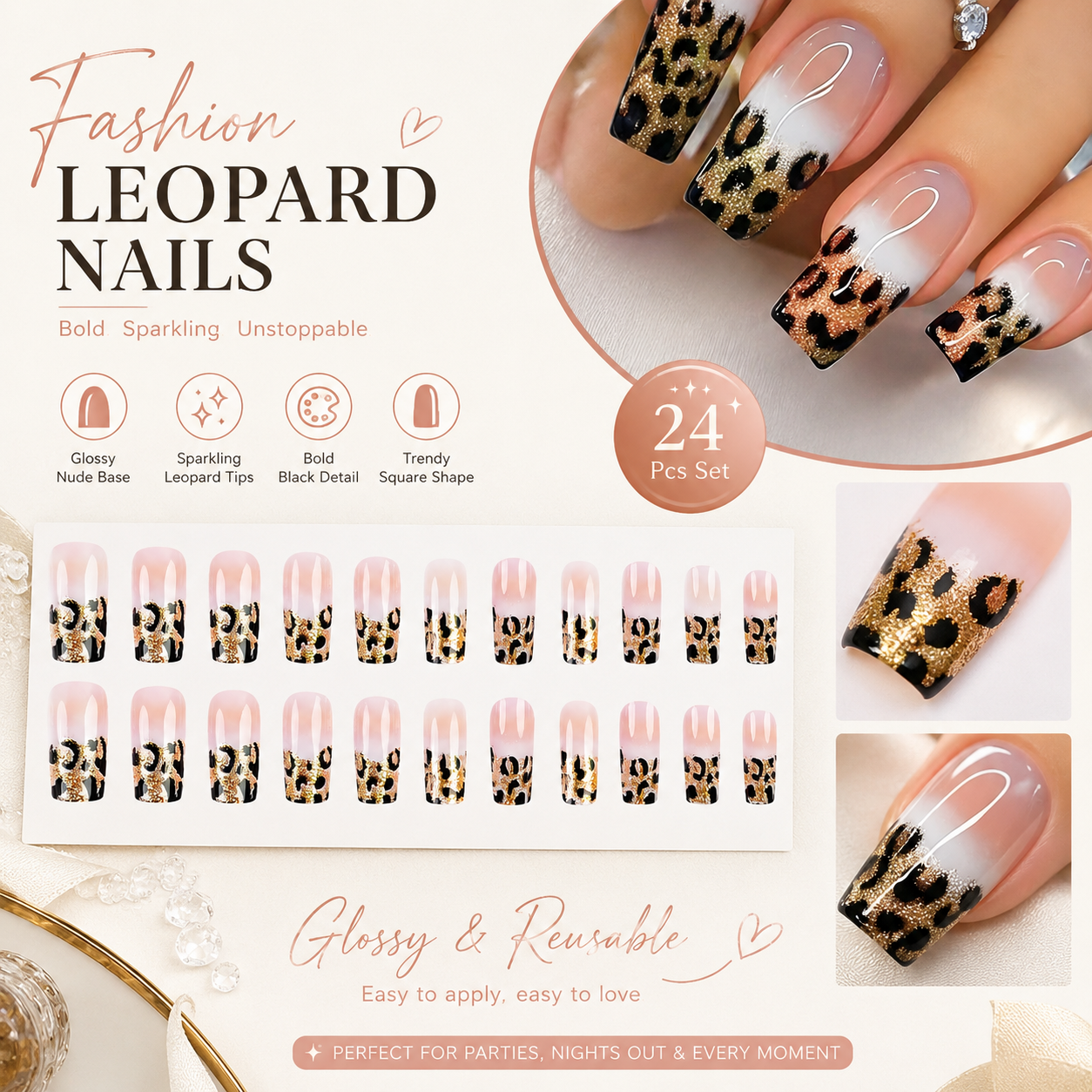 24Pcs Leopard Print French Press On Nails, Glitter Square Fake Nails, Reusable Full Cover Artificial Nail Tips for Women DIY Manicure Gift view 5