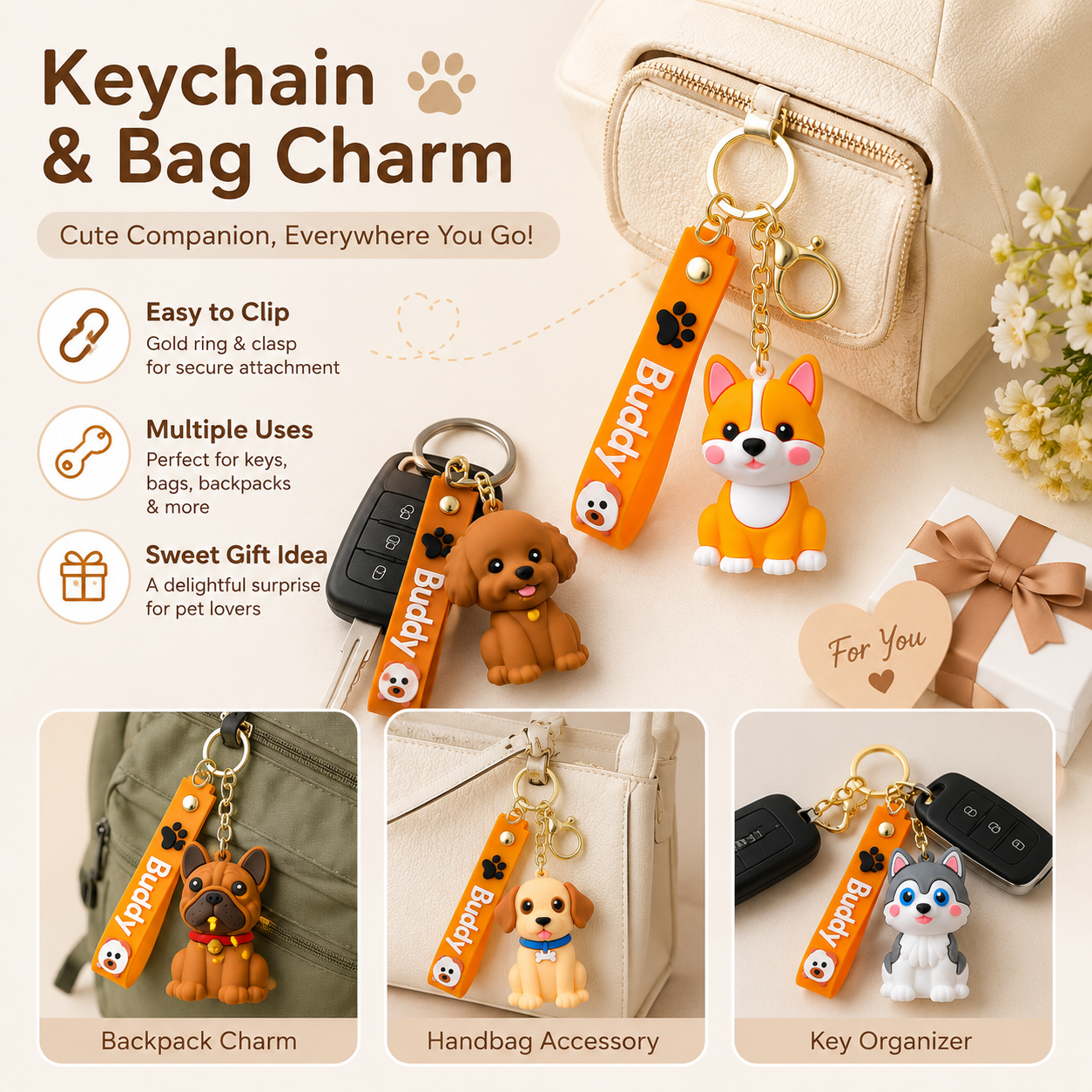 2Pcs Cute Pet Keychain Set Cartoon Dog Bag Charm Silicone Buddy Pendant Key Ring for Backpack Purse Handbag Keys Girls Gift