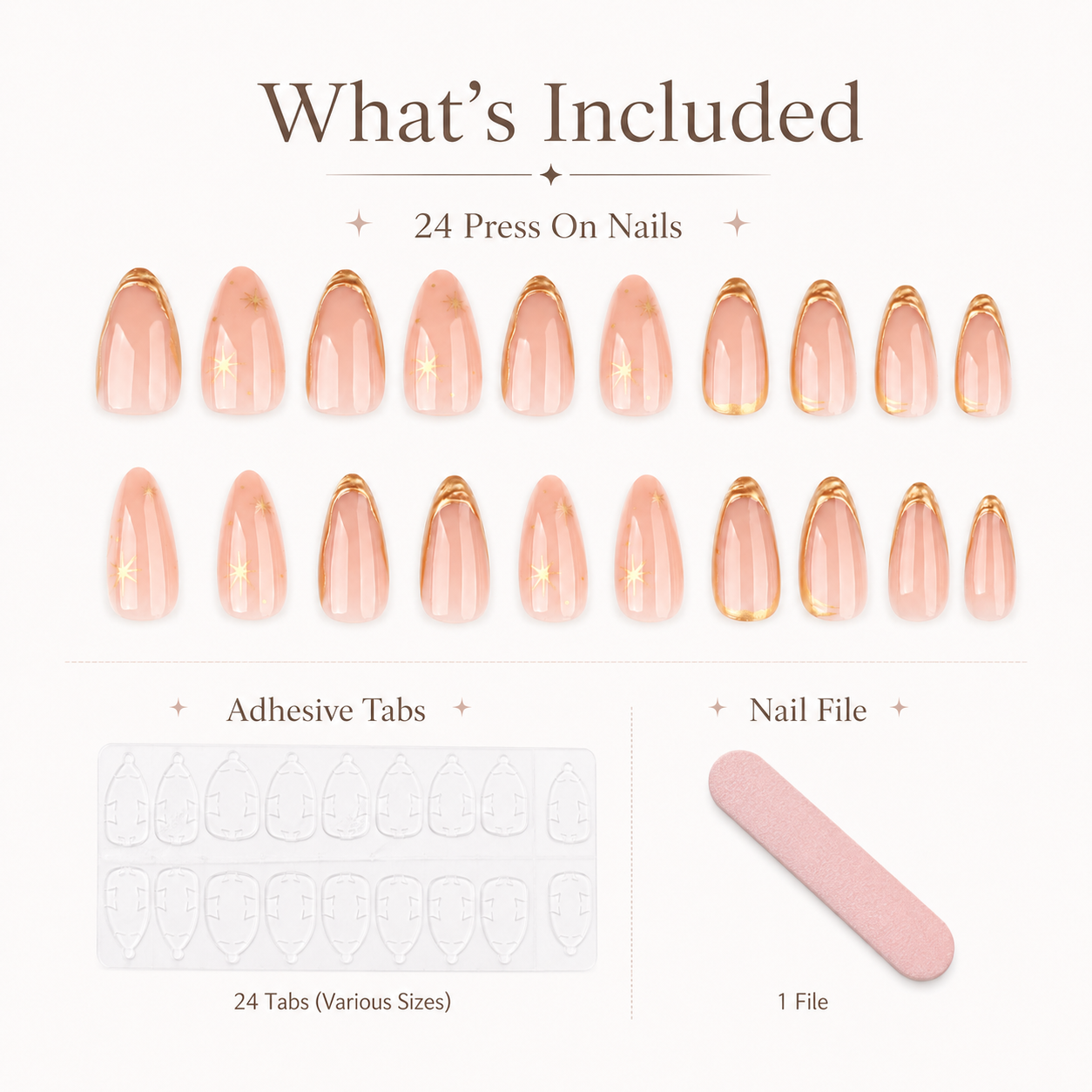24PCS Nude Gold Edge Press On Nails Set Glossy Short Almond Fake Nails with Adhesive Tabs and Nail File for Women Girls DIY Manicure view 4